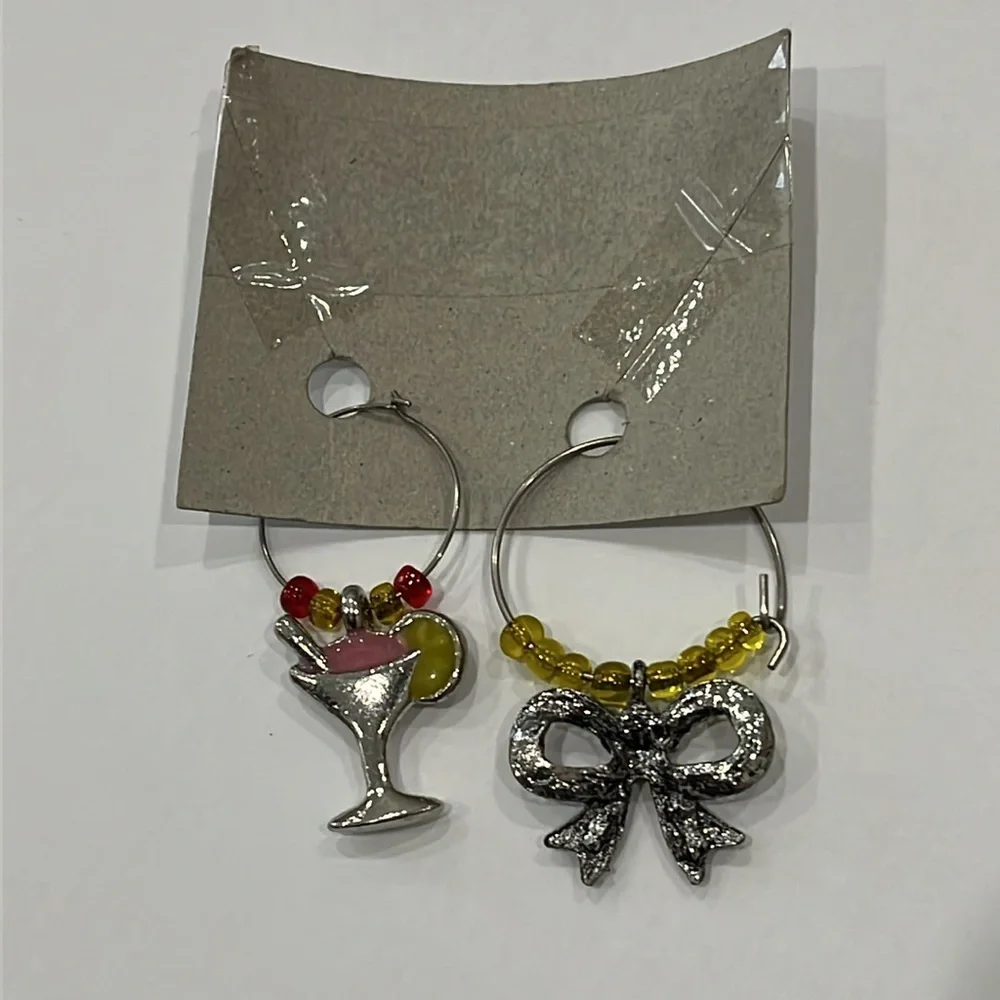 Wine Glass Markers Yellow Rhinestone Bow Cocktail Silver Tone Set of 2 OS